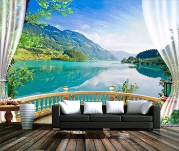 бейбехан Пользовательские обои 3D фотообои лес балкон озеро голубое небо прозрачная вода белые облака река обои papel de parede