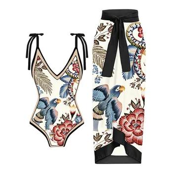 Сексуальный комплект бикини с цветочным принтом из 2 предметов, Летняя пляжная одежда 2023, треугольные бикини, купальник с пляжной юбкой, купальники-накидки