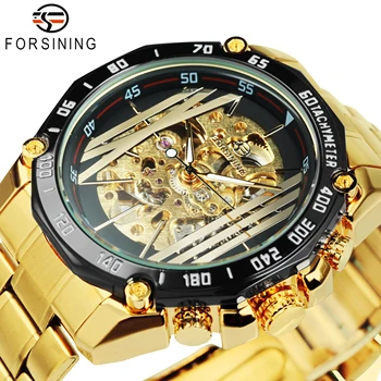 Военные механические часы Forsining Gold Со светящимися стрелками, мужские часы с автоматическим скелетоном в спортивном стиле, Роскошный ремешок из нержавеющей стали