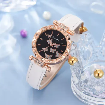 Роскошные высококачественные часы, женское кольцо, ожерелье, набор, бабочка, кожаный ремешок, женские кварцевые часы без коробки Reloj Mujer Saati