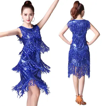 Женское ретро-платье с кисточками и блестками, Сексуальное вечернее платье, Синее платье с бахромой, Блестящий Костюм для латиноамериканских танцев, Женская одежда для бальных танцев 1920-х годов