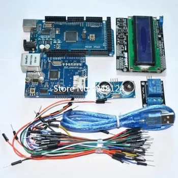 Suq Mega 2560 r3 для arduino kit + HC-SR04 + макетный кабель + релейный модуль + экран W5100 UNO + Экран клавиатуры LCD 1602