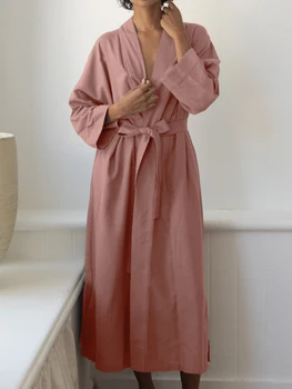 Linad Розовые Халаты Для женщин, Свободные Пижамы с длинным рукавом и V-образным вырезом, пояса 2023, Осенний Халат, Женская Повседневная Пижама, Однотонная Домашняя одежда