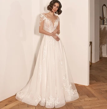 Элегантные Свадебные платья Трапециевидной формы с кружевной аппликацией, длинными рукавами, прозрачным вырезом, свадебные платья с прозрачными рюшами, Vestidos De Mariee