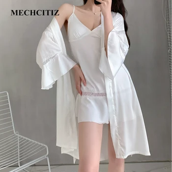 MECHCITIZ 2021 сексуальная пижама шелковый халат и комплекты халатов мягкие женские ночные рубашки атласные пижамные комплекты летняя домашняя одежда нижнее белье костюм