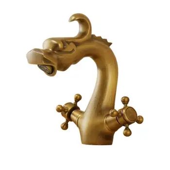 Дизайн дракона Золотые смесители для ванной с двойной ручкой Антикварный кран из цельной латуни и бронзы Смеситель для кухни и ванной комнаты