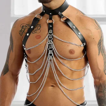 Мужская модная шлейка, сексуальный нагрудный ремень, Металлическое уплотнительное кольцо, кроп-топы в клетку, мужское гей-белье, панк-готическая рейв-клубная одежда