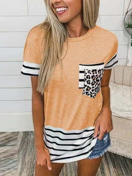 Женская летняя новая модная футболка в полоску с леопардовым узором и карманами в стиле пэчворк, круглый вырез, короткий рукав, Повседневный топ Оверсайз