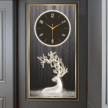 Подвесные часы из алюминиевого сплава 40 * 80 см с изображением лося, роспись по хрустальному фарфору, роспись для украшения гостиной, подвесные часы