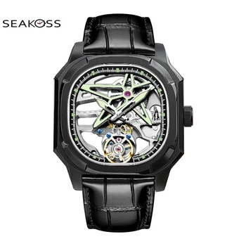 SEAKOSS Flying Tourbillon Skeleton Часы для Мужчин Skeleton Sapphire Водонепроницаемые Часы Мужские Механические Наручные Часы Мужские Часы