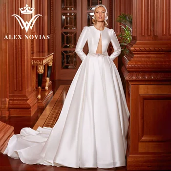 Атласные свадебные платья ALEX NOVIAS с длинным рукавом 2023, укороченный топ с круглым вырезом и открытой спиной, свадебное платье с ХРУСТАЛЬНЫМ поясом, Vestidos Novias De Saten