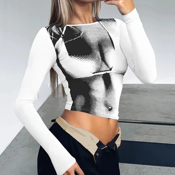 Модный круглый вырез, глубокий вырез, сексуальные горячие девушки, футболка с длинным рукавом, Модные женские топы с 3D принтом тела