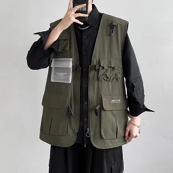 TFETTERS 2023 Куртки для Мужчин Летние Harajuku С Несколькими Карманами, Однотонный Модный Мужской Жилет, Пальто из Полиэстера, Повседневный Свободный Жилет для Мужчин