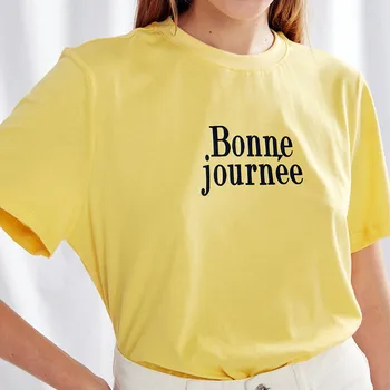Романтические женские футболки с французскими буквами Bonne Journee, желтые летние наряды из 100% хлопка с коротким рукавом 2023, шикарные топы и тройники