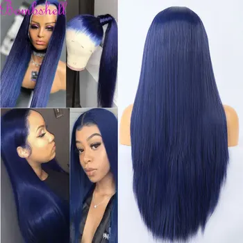 Синтетический парик с кружевом спереди Темно-синего цвета, Шелковистое Прямое Термостойкое волокно, натуральные волосы без пробора для женских париков