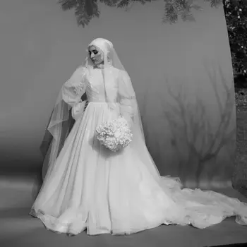 Мусульманское свадебное платье с высоким воротом, пышные Длинные рукава, Тюлевое Плиссированное бальное платье принцессы, Придворный шлейф, Винтажные свадебные платья