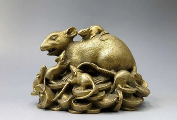 Китай латунная скульптура мыши резная медная Фэн-Шуй Юань бао девять Статуй крысы подарок декоративно-прикладное искусство украшения