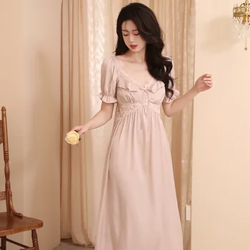 Винтажная сексуальная женская милая ночная рубашка Весенне-летняя ночная одежда с коротким рукавом Длинные атласные ночные платья Ice Silk Princess Пижамы