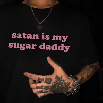 Эстетическая Сатана - мой папочка, мужская одежда в стиле Харадзюку, футболка, Летняя модная повседневная футболка, Уличная одежда, Милые топы Оверсайз, мужские
