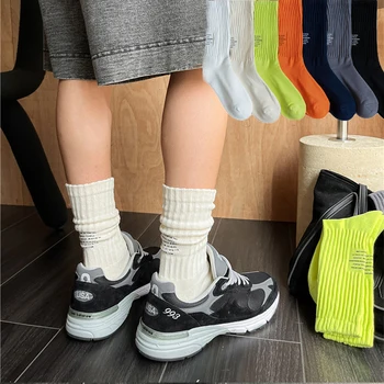 Мужские винтажные спортивные носки с буквами, Носки с полотенцем снизу, Носки средней длины, японские однотонные утолщенные носки для пары, Вязаные спортивные носки
