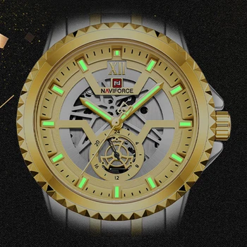 NAVIFORCE 9186 Мужские модные деловые часы кварцевые часы 24 часовые водонепроницаемые часы с полым циферблатом Золотые часы из нержавеющей стали