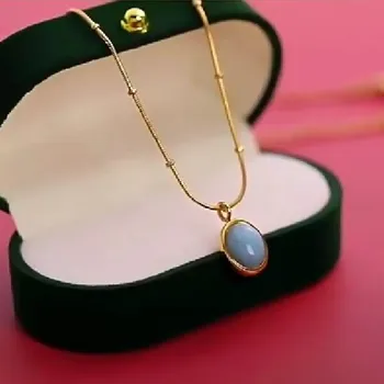 Овальный синий кулон из натурального камня, женское модное винтажное ожерелье из титановой стали, ожерелье для ключиц