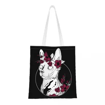 Сумка через плечо в стиле Харадзюку с цветочными кошками-сфинксами, женская сумка-тоут, модная сумка большой емкости, ретро-сумка для покупок в стиле шоппер