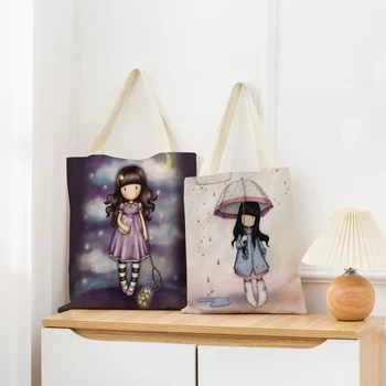 Милая, симпатичная маленькая девочка, двусторонняя сумка для покупок с принтом, складная экологичная сумка, Студенческая женская переносная сумка на открытом воздухе