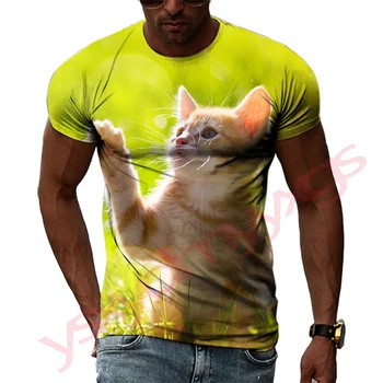 Летние Модные Мужские футболки с изображением Кота, Повседневные футболки с 3D принтом, топы в стиле хип-хоп с круглым вырезом и коротким рукавом