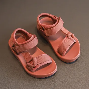 Детские сандалии для девочек, летняя пляжная обувь для мальчиков, однотонные сандалии, повседневные сандалии с открытым носком на плоской подошве SMG103