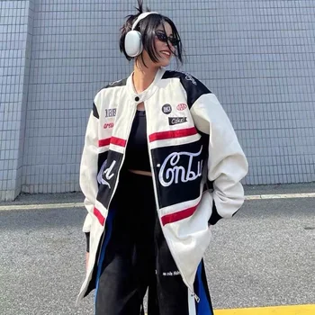 Женская мотоциклетная куртка Y2K, контрастная куртка в стиле ретро в стиле пэчворк, Американская Свободная Повседневная Гоночная куртка в стиле Уличный хип-хоп