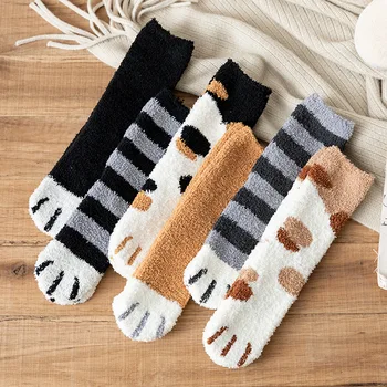 Новые носки из кораллового флиса, женские носки-трубки Kawaii, осень-зима, кошачьи когти, милые толстые теплые носки для сна