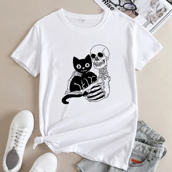 Футболка со скелетом и котом, забавная меховая футболка в подарок маме, готические женские футболки с изображением домашних животных, топы