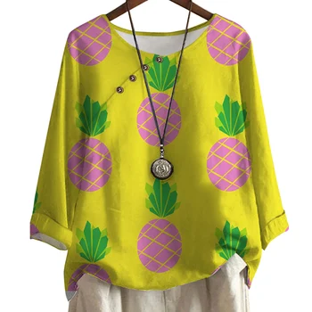 CLOOCL/ Женская футболка на пуговицах, футболка с милым принтом ананаса, свободная блузка, Милый стиль, уютный пуловер с круглым вырезом, Желтые топы