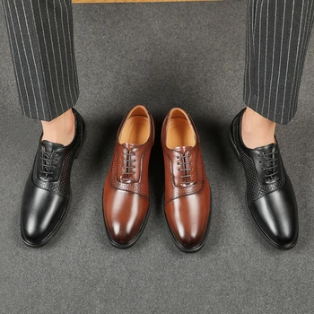 Британское деловое платье, туфли-дерби, легкие роскошные мужские коричневые кружевные мужские туфли из натуральной кожи с острым носком, банкетные свадебные туфли
