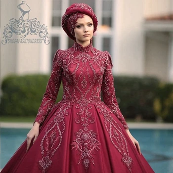 Роскошные свадебные платья трапециевидной формы из бордового атласа, расшитые бисером, с высоким воротом и длинными рукавами, свадебные платья для мусульманской невесты, сшитые на заказ, Vestidos