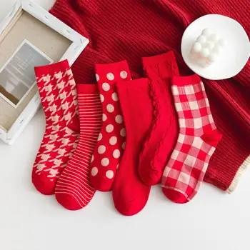 1 пара женских хлопковых носков в стиле харадзюку красного цвета в стиле ретро, Носки в клетку и полоску, осень-зима, Новый год, удобные длинные носки