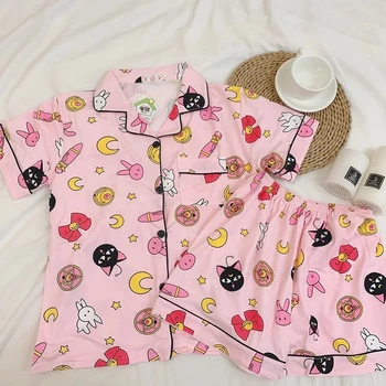 Комплекты женских пижам с принтом, Летние пижамы с короткими рукавами и героями мультфильмов, Розовая Пижама Mujer, Женский ночной костюм Cat Moon