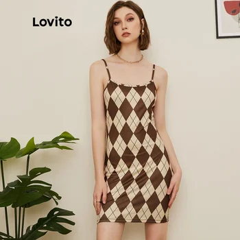 Женское облегающее платье на бретелях Lovito Preppy Argyle Colorblock Slim Fit L19D001 (хаки)