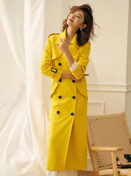 Весна 2023, желтая ветровка, женское длинное пальто выше колена в гонконгском стиле, двубортное свободное пальто в британском стиле