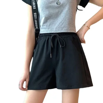 2022 Новые корейские спортивные шорты женские с высокой талией свободные тонкие широкие брюки однотонные повседневные брюки tide summer