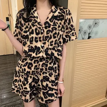 Леопардовая ночная одежда, Корейская пижама, женская Летняя пижама 2021 с коротким рукавом, комплект из двух предметов, пижама с отложным воротником, пижамы