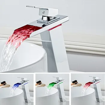 Смеситель для раковины со светодиодным водопадом в ванной, Хромированный латунный смеситель для раковины в ванной, смеситель для раковины на бортике