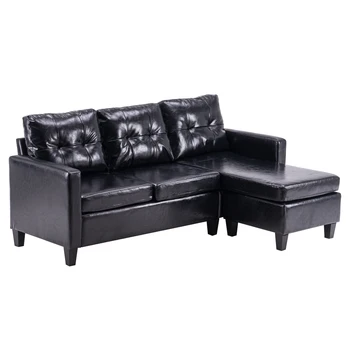 Комбинированный диван из искусственной кожи, удобная L-образная кушетка, черный / коричневый, 194x126x89 см, трансформируемый дизайн, простая сборка [на складе в США]