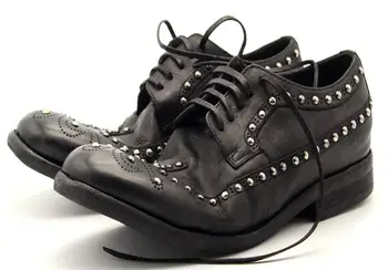 Мужская официальная деловая обувь с высоким берцем ручной работы из 100% натуральной кожи на шнуровке, черные мужские туфли-дерби с заклепками, туфли из промытой кожи