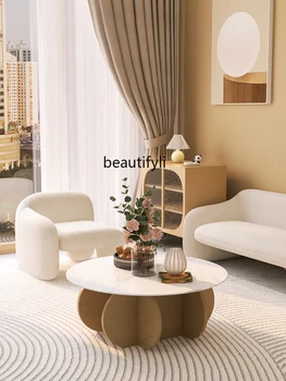 Журнальный столик zqNordic из массива дерева в бесшумном стиле, Современная минималистичная гостиная, Круглая Каменная плита, диван, Чайный столик