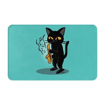 Саксофон 3 Размера Домашний ковер Ковер для комнаты Котенок Кошачий Черный Кот Черный котенок Милая Прекрасная Очаровательная музыка для саксофона Забавные животные