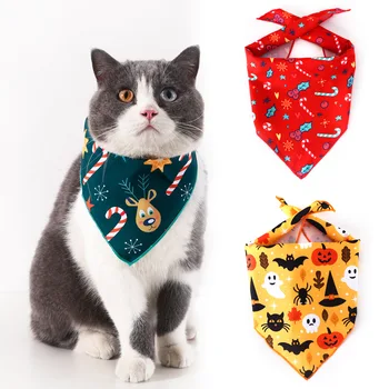 Домашний кот с принтом собаки на Рождество и Хэллоуин, треугольный нагрудник, декоративный шарф, милое полотенце от слюны