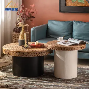 Дизайнерский креативный журнальный столик из массива дерева, Маленький круглый столик в центре гостиной, Чайный столик, Винтажная комбинация столов