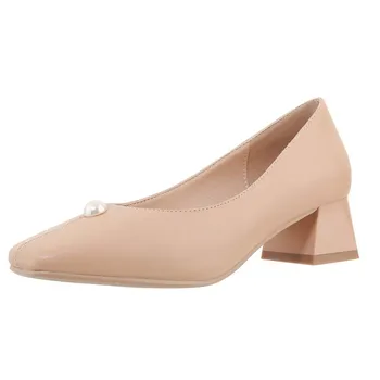 Женская демисезонная обувь из искусственной кожи на среднем каблуке, Абрикосово-бежевая, расшитая бисером, с квадратным носком, на толстом каблуке